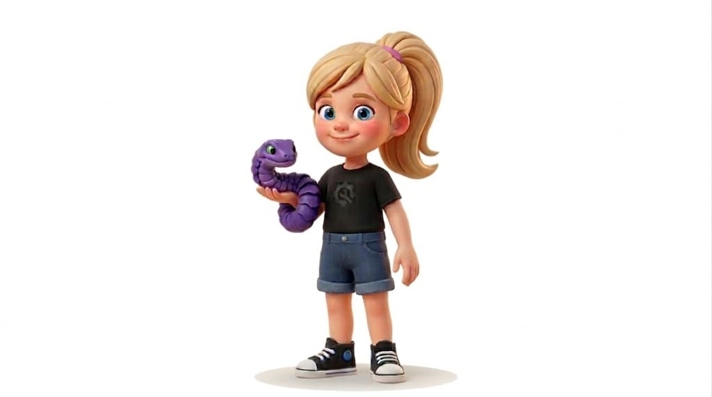 Cartoon Issy mascot holding a snake toy